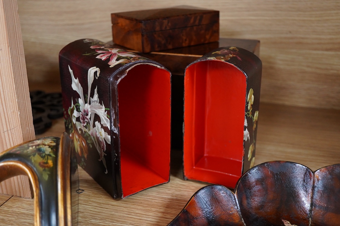 A group of collectables to include a gilt wall bracket, burr walnut tea caddy, lacquer wares etc.(7) Lacqured book box 18.5cm high.